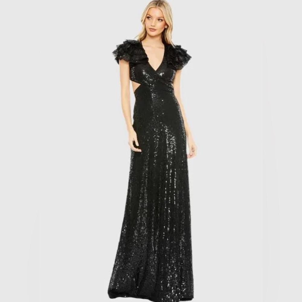 NEW Mac Duggal Elegant, Black Wrap Flutter Sleeve Backless Sequin Gown‎ 2
